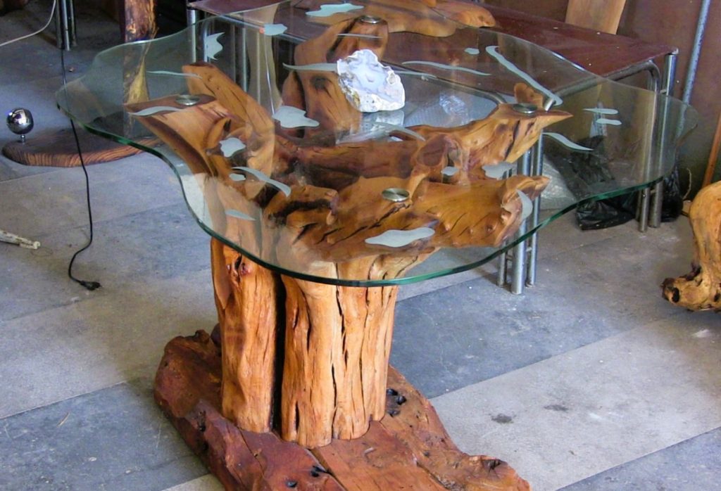 wood and glass top table combo