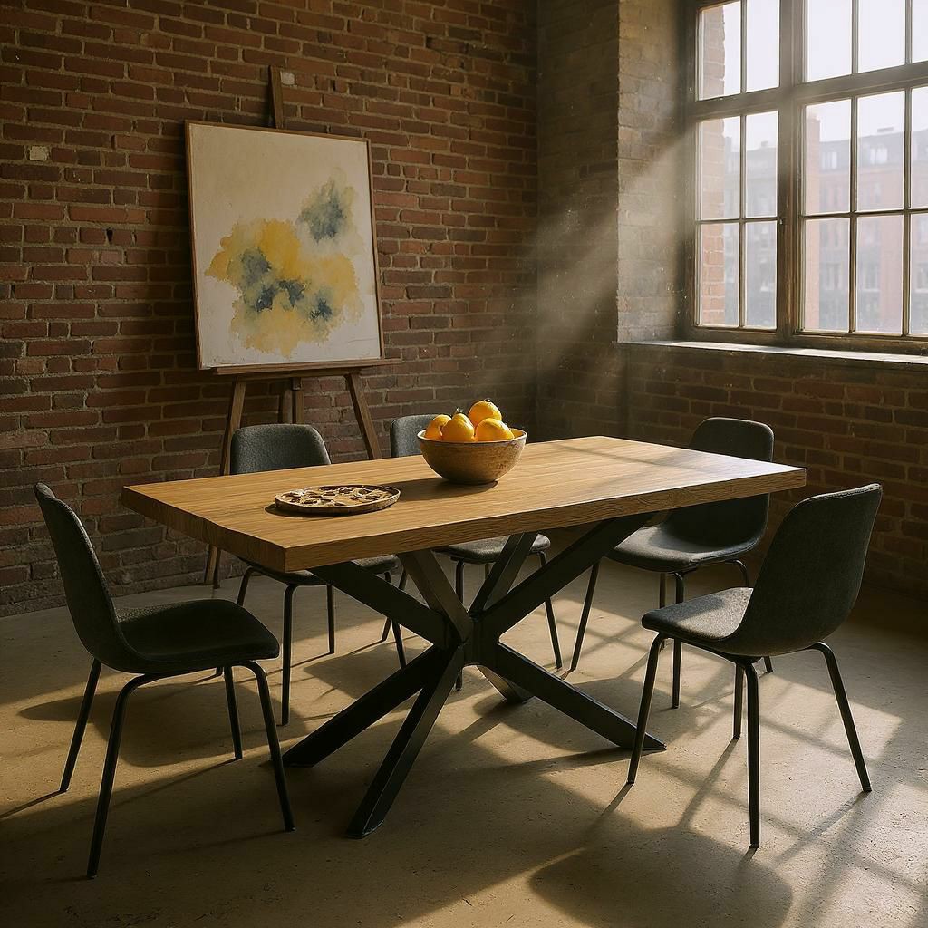 Handcrafted solid acacia wood dining table with natural grain finish