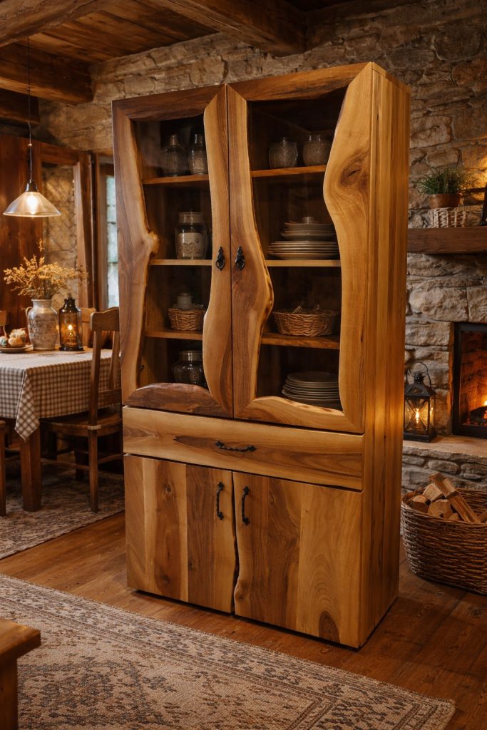 Built-in solid wood bookshelves filling a living room wall from floor to ceiling — oak natural finish