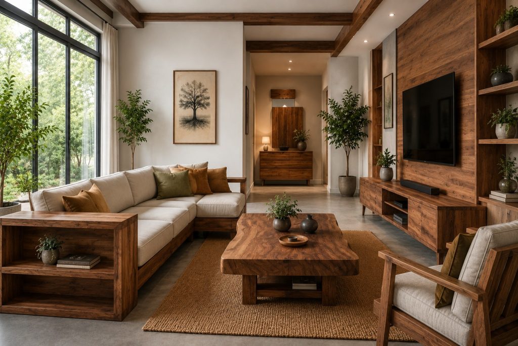 Handmade wood furniture modern living room with custom wooden sofa and table